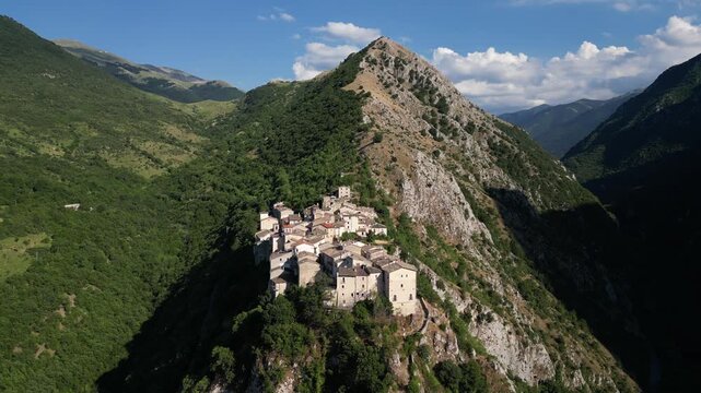 Aerial view of Castrovalva, a village in the municipality of Anversa degli Abruzzi, in Abruzzo