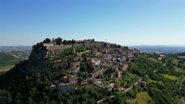 Drone shot of Civitella del Tronto, a hilltop village in the province of Teramo in Abruzzo
