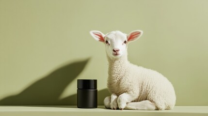 Young lamb beside eco-friendly beauty jars, generative ai