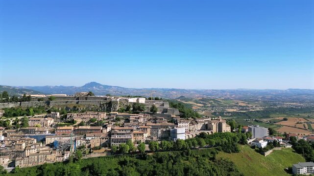 Drone shot of Civitella del Tronto, a hilltop village in the province of Teramo in Abruzzo