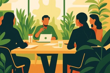 Fototapeta premium Professional team strategizing in verdant workspace, working together on laptop with shared documents amid indoor greenery