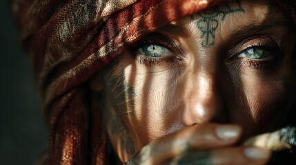 Mystical fortune teller with third eye tattoo holds incense in dramatic shadows