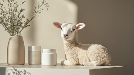 Young lamb beside eco-friendly beauty jars, generative ai
