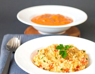 Creamy rice dish with a side of tomato soup