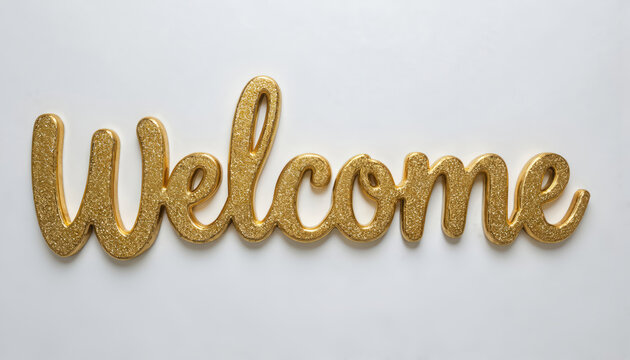 Golden welcome sign on white wall interior. Curved line, tilt design. Beige object on left side. Elegant, sophisticated, luxurious, modern sign for events, websites, weddings, hospitality businesses.