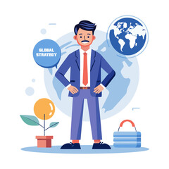 Corporate Man Discussing Global Business Strategy with World Map for International Marketing, Leadership, and Global Expansion Vector Illustration