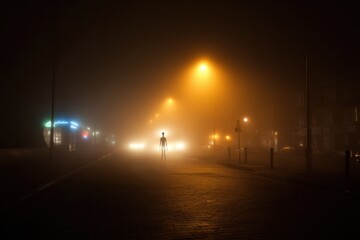 Mysterious Alien Silhouette Amidst Dense Street Fog at Night