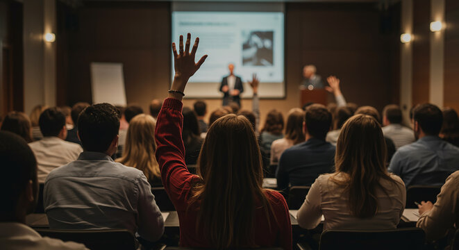 Attendee raising hand during a business conference event