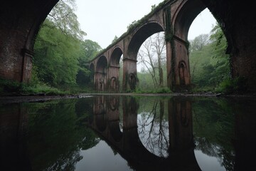 Ruined brick arch bridge over a tranquil pool, reflected in still water, surrounded by verdant forest