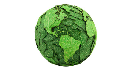 Eco-themed green 3D globe with leaves texture, background isolated on a Transparent background, PNG file.