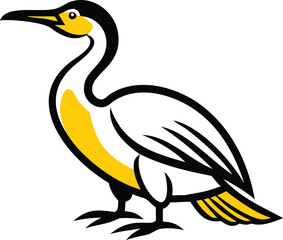 Obraz premium Cormorant bird showing its distinct black, white and yellow plumage stands calmly over white