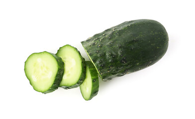 Slices of fresh cucumber isolated on white, top view