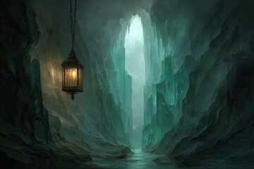 Dark, icy cave passageway lit by hanging lantern