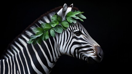 Zebra in profile, botanical necklace on neck, artistic concept generative ai