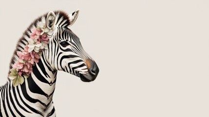 Zebra in profile, botanical necklace on neck, artistic concept generative ai