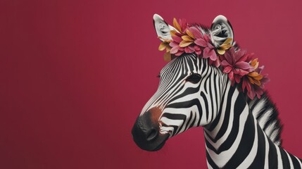 Zebra in profile, botanical necklace on neck, artistic concept generative ai
