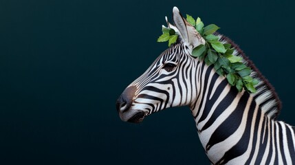 Zebra in profile, botanical necklace on neck, artistic concept generative ai