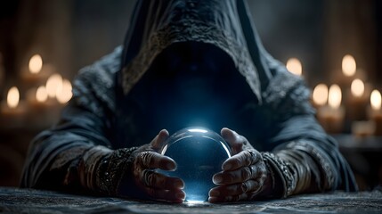 A mysterious fortune teller peers into a glowing crystal ball in a dimly lit room  long title A hooded figure sits in a candle lit chamber their