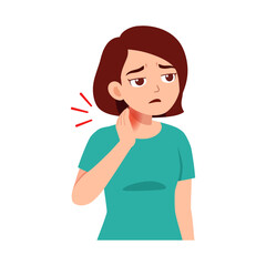 Illustration of a Caucasian woman with a sore throat holding her neck in pain
