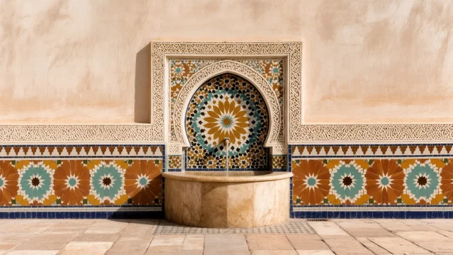 Sunlit geometric tiles on minimalist Moroccan water wall