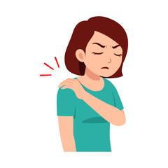 Woman experiencing shoulder pain, discomfort, or injury with a sad expression. Healthcare concept.