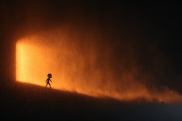 Alien Silhouette Steps Through a Glowing Doorway in a Dark Environment