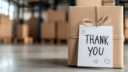 Gift box with thank you card in warehouse setting  