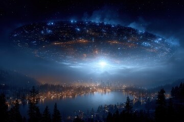 Mysterious Alien Spaceship Hovers Over a Serene Lakeside City at Night