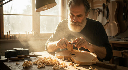 Wood craftsman carving in rustic workshop