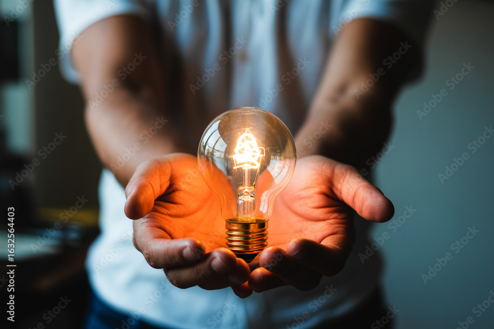 Aufkleber man holding glowing light bulb symbolizing innovation inspiration and idea generation representing p