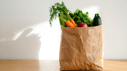 A crumpled paper bag filled with fresh vegetables on a wooden table, highlighting the eco-conscious choice of avoiding plastic packaging