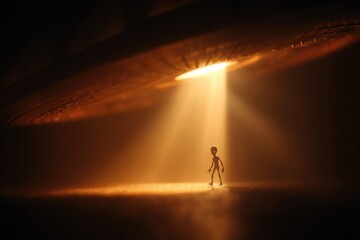 Fototapeta premium Silhouette of an Alien Under a Spaceship Beam in a Dark Environment at Night