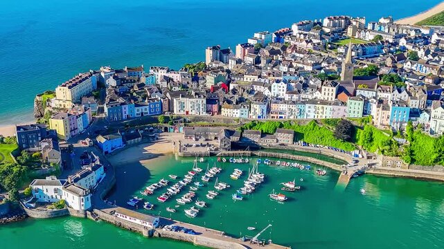 A receding and then a rotating aerial view across the harbour in the early morning in Tenby, South Wales in summertime