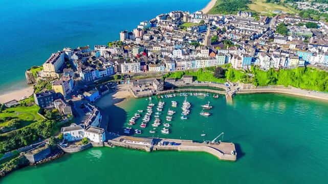 A rising aerial view looking over the harbour in the early morning in Tenby, South Wales in summertime