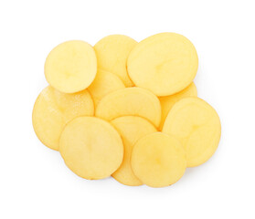 Slices of raw potatoes isolated on white, top view