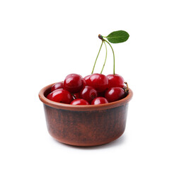 Yummy ripe red cherries in bowl isolated on white