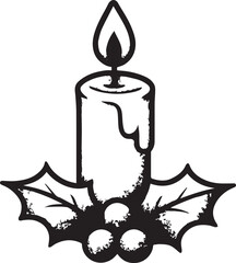 Burning candle with holly berries and leaves flame