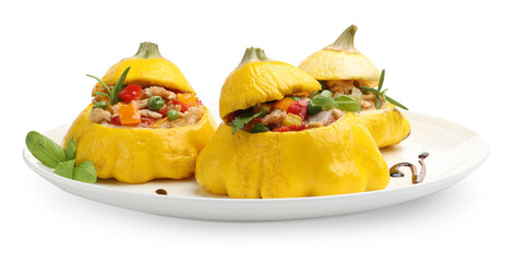 Tasty stuffed pattypan squashes isolated on white
