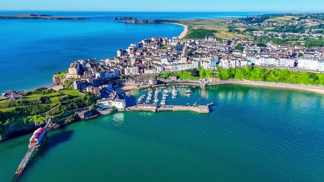 A rotating aerial view across the harbour in the early morning in Tenby, South Wales in summertime