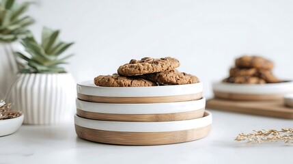 Deliciously stacked oatmeal chocolate chip cookies on a rustic wooden and ceramic tiered stand