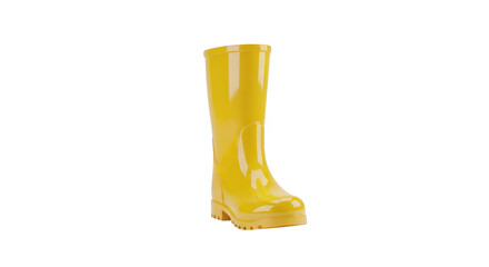 A single yellow knee high boot with a thick platform sole against a black background
