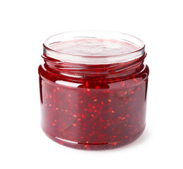 Sweet raspberry jam in glass jar isolated on white