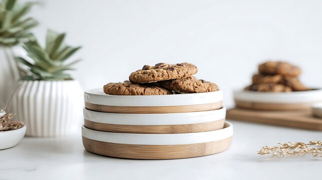 Deliciously stacked oatmeal chocolate chip cookies on a rustic wooden and ceramic tiered stand