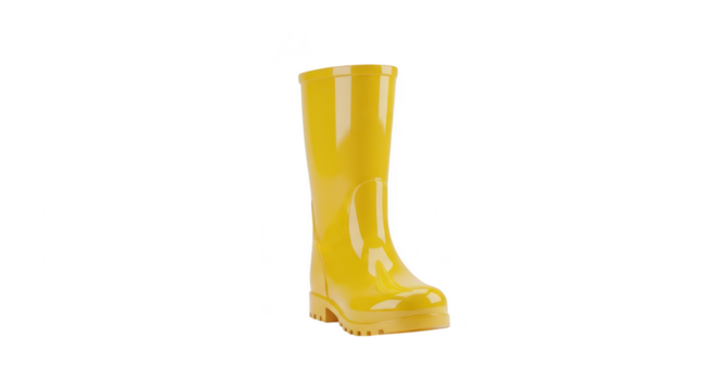 A single yellow knee high boot with a thick platform sole against a black background