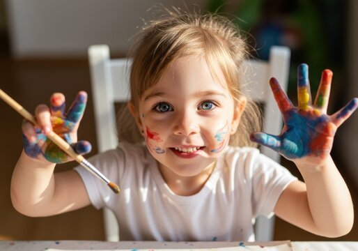 Smiling girl showing colorful hands covered in paint during an art project. - Powered by Adobe
