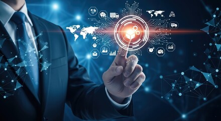Businessman interacting with a futuristic global digital network interface, technology concept