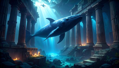 Ancient underwater ruins with whale