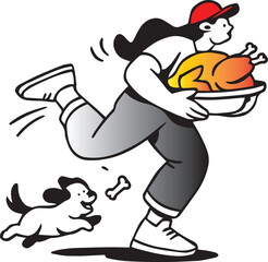 Person running with roasted chicken and dog chasing vector