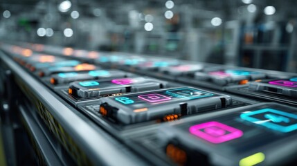 Naklejka premium An array of battery cells lined up on a conveyor belt each displaying glowing indicators that signify the successful embedding of blockchain chips set against a stark industrial background.