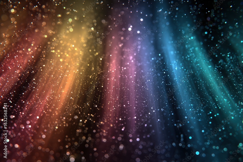 Poster glittering sparkles on a multicolored wave with a dreamy, magical feel and soft bokeh effects